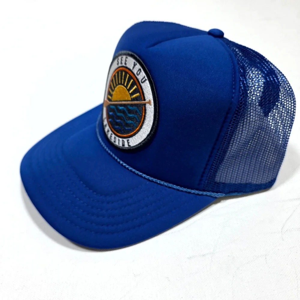 Port Sandz Trucker Hat Mens Blue See You Lakeside Patch Snapback Mesh Cap Retro